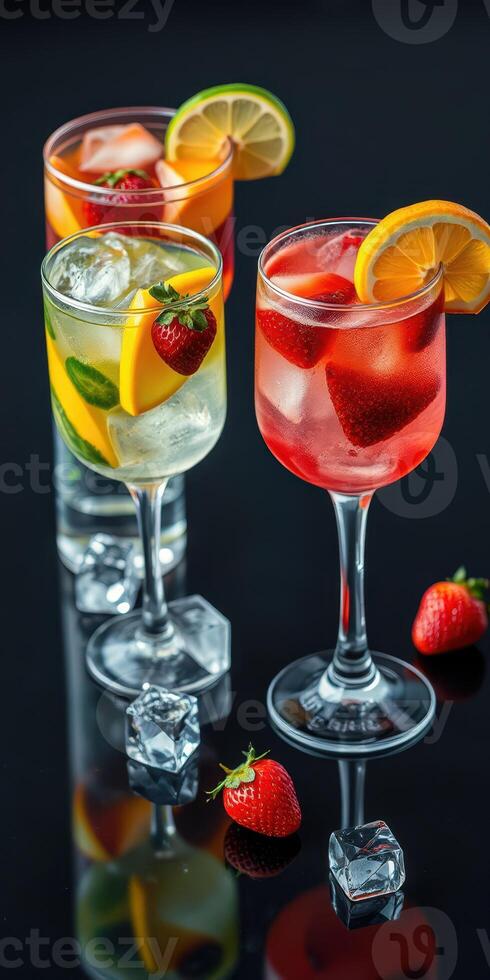 Refreshing fruit cocktails with ice and fresh berries on a dark background for summer enjoyment photo