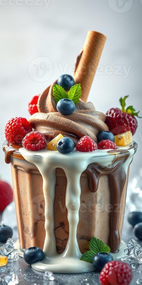 Chocolate swirl dessert topped with fresh berries and mint leaves in a stylish glass cup photo