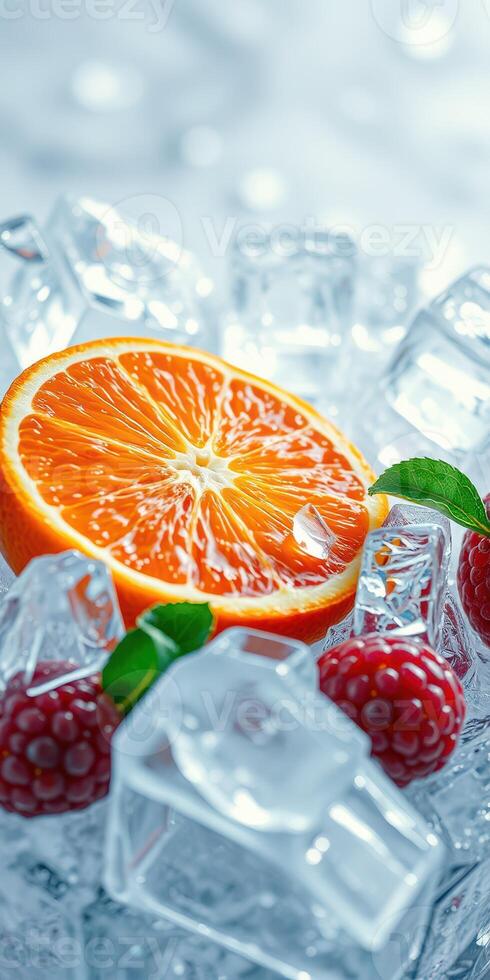Refreshing citrus fruit and berries on ice create a vibrant and enticing summer snack display photo
