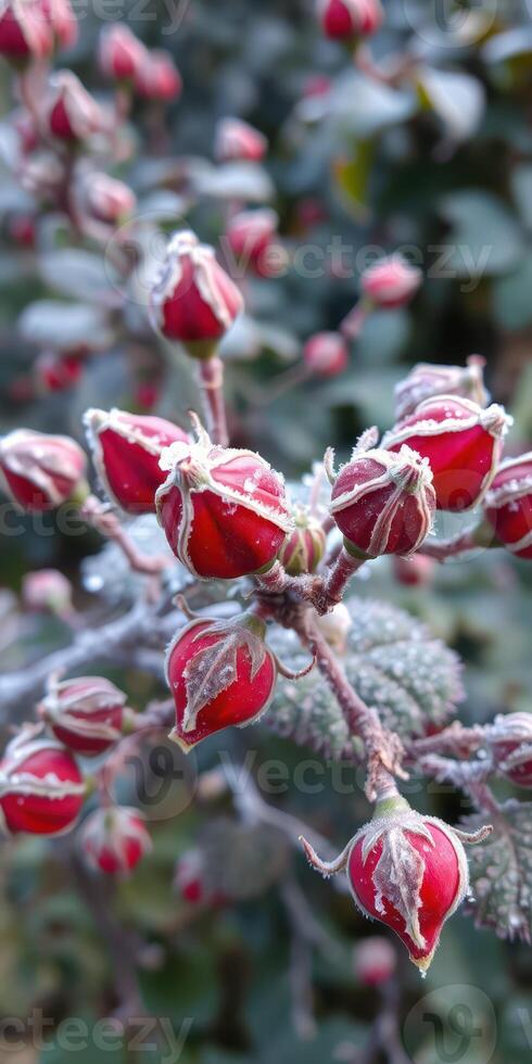 Winter buds emerge on a frost-covered plant in a tranquil outdoor setting during early morning photo