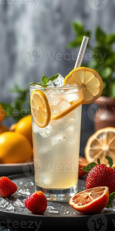 Refreshing lemonade with fresh strawberies and lemon slices on a summer day photo