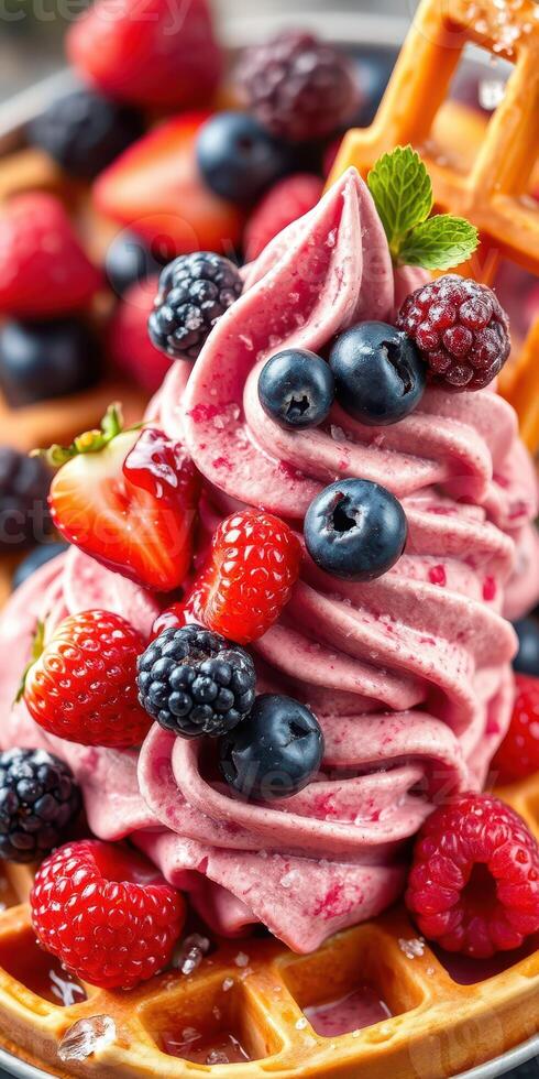 Delicious soft serve ice cream topped with fresh berries on a waffle cone photo