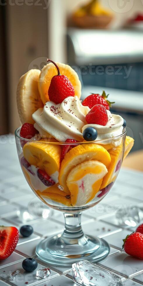 Colorful fruit dessert served in a glass bowl with whipped cream and fresh berries on a table in a kitchen setting photo