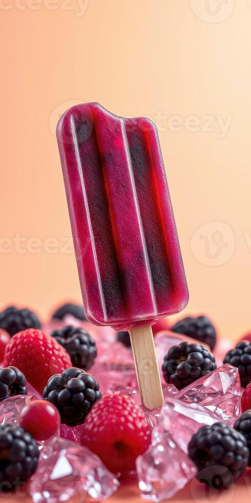 Colorful frozen popsicle rests among fresh berries on a soft background photo