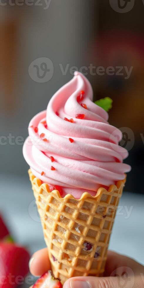 Delightful pink soft serve ice cream in a waffle cone topped with sprinkles in a cozy setting photo