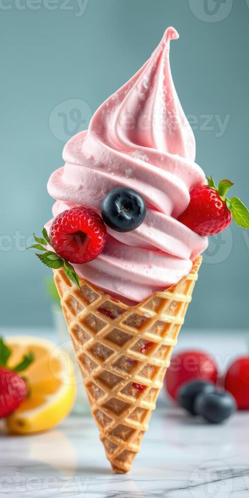Delicious raspberry and blueberry soft-serve ice cream served in a waffle cone during a sunny day photo