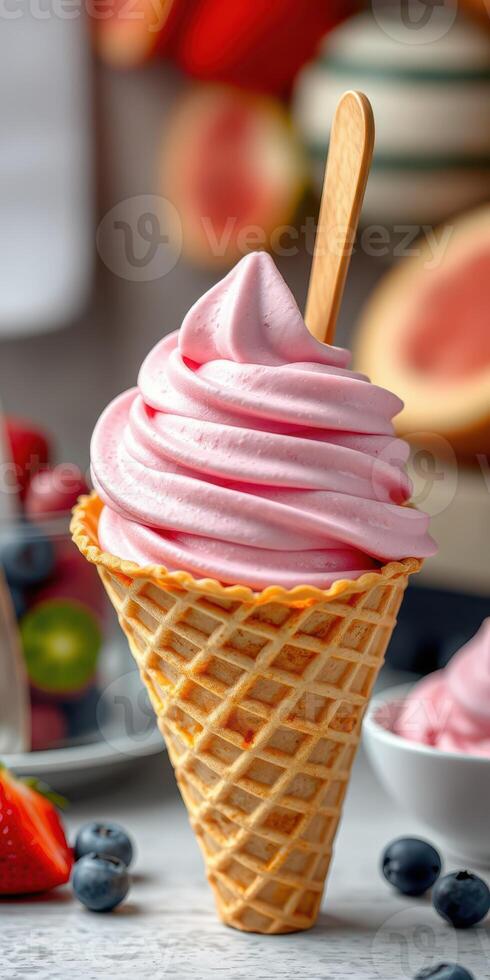 Soft serve ice cream cone with pink swirl and wooden stick on a table filled with fresh fruits and dessert bowls photo