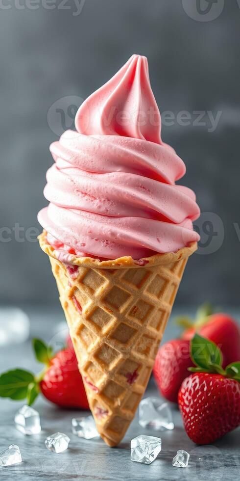 Delicious strawberry soft serve ice cream in a waffle cone with fresh strawberries nearby photo