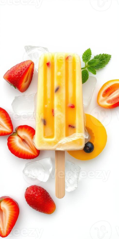 Colorful fruit popsicle with strawberries, mango, and mint on ice photo
