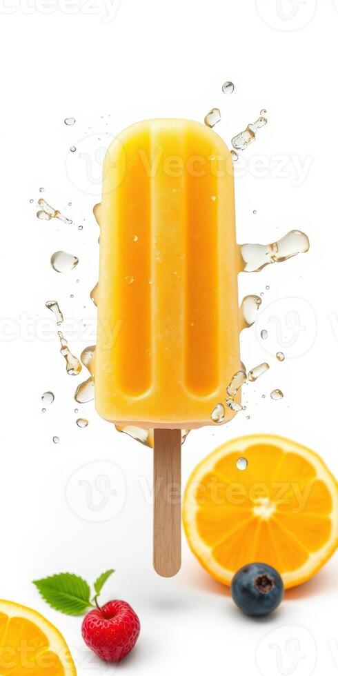 Refreshing orange popsicle with fruits and splashes captured on a bright background during summer photo
