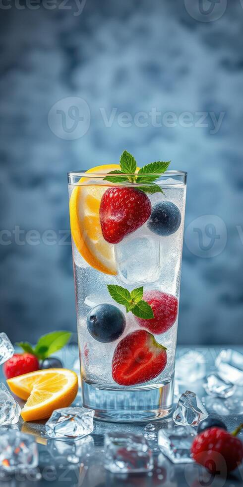 Refreshing summer drink with berries and citrus garnished with mint photo