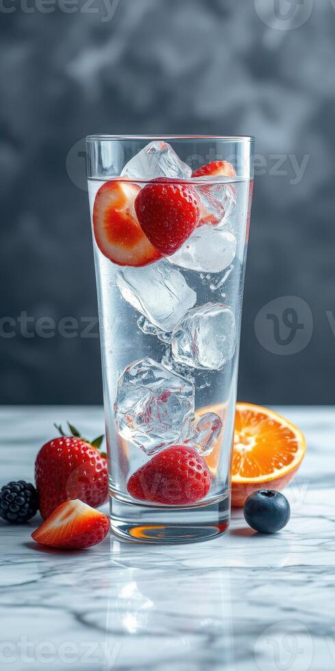 Refreshing glass of sparkling water with ice and fresh fruit on a marble surface photo