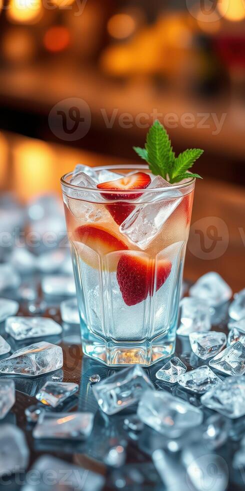 Refreshing drink with strawberries and mint garnished over ice on bar counter in cozy setting photo