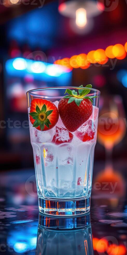 Refreshing cocktail with strawberries served in a glass at a vibrant bar during the evening photo