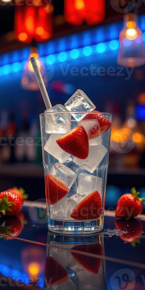 Refreshing fruit cocktail with ice cubes and strawberries at a vibrant bar during the evening photo