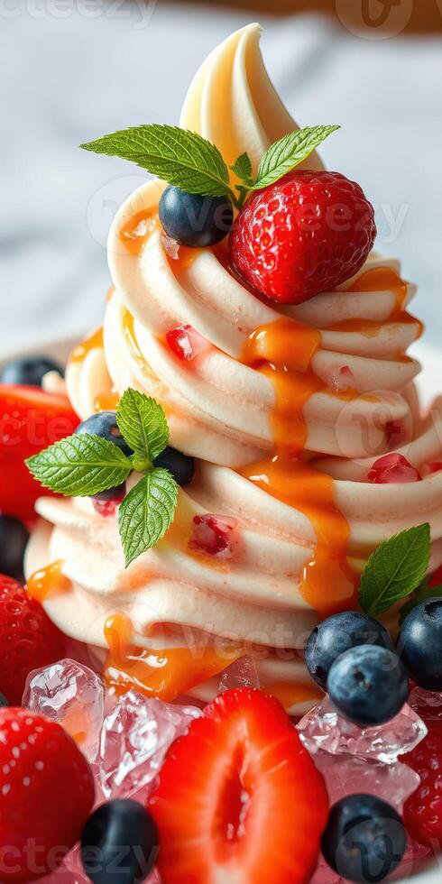 Decadent soft serve ice cream topped with fresh strawberries, blueberries, and caramel drizzle in a vibrant dessert setting photo