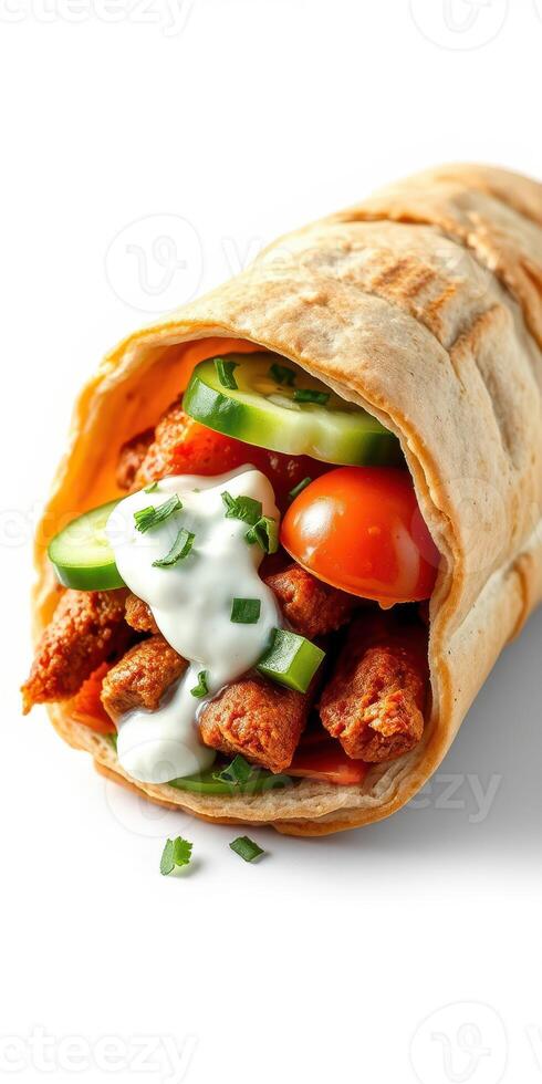 Delicious wrap filled with marinated chicken, fresh vegetables, and creamy sauce served on a clean white surface photo