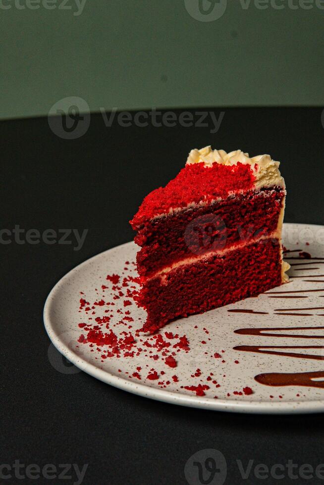 a plate with a piece of cake and chocolate drizzled on it. photo