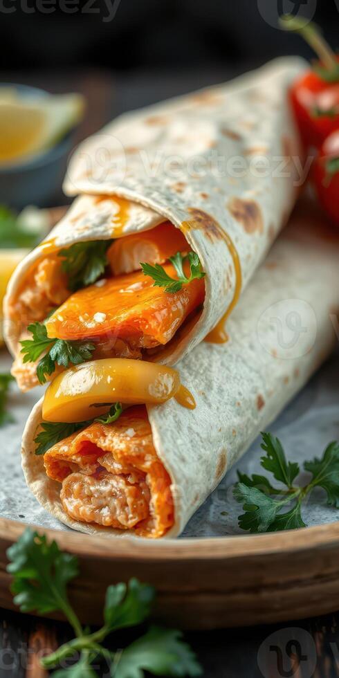 Delicious soft tortilla wrap filled with chicken, cheese, and fresh vegetables served on a rustic wooden plate photo