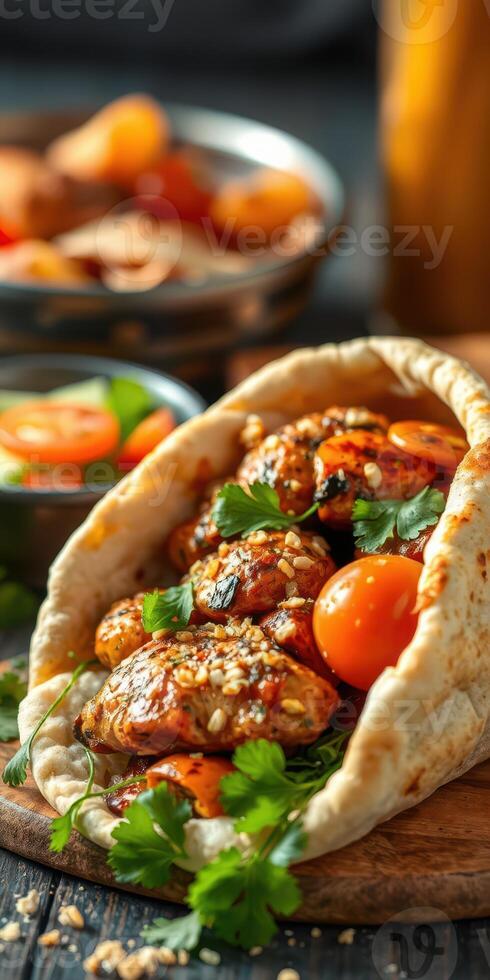 Delicious grilled chicken wrapped in pita bread with fresh vegetables and herbs at a cozy eatery photo