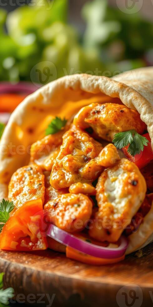 Savory grilled chicken wrap filled with fresh vegetables and herbs served on wooden board photo