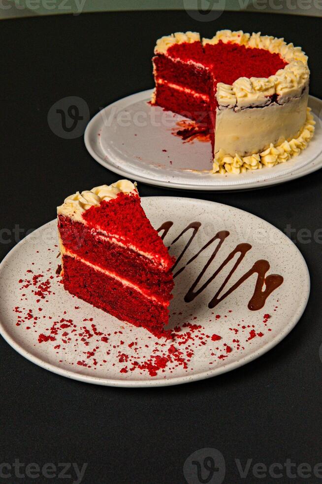 a plate with a piece of cake and chocolate drizzled on it. photo