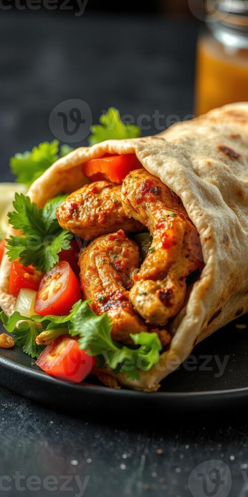 Delicious shawarma wrap with spiced chicken and fresh vegetables served on a black plate photo