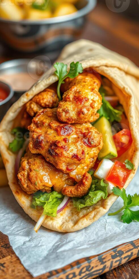 Delicious wrap filled with crispy chicken, fresh vegetables, and flavorful sauce at a local eatery photo
