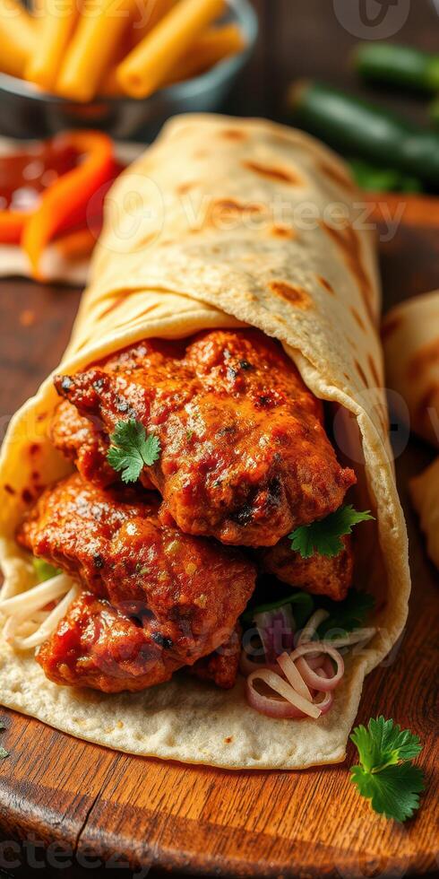 Savory grilled chicken wrap filled with fresh vegetables and rich sauce on a wooden surface photo