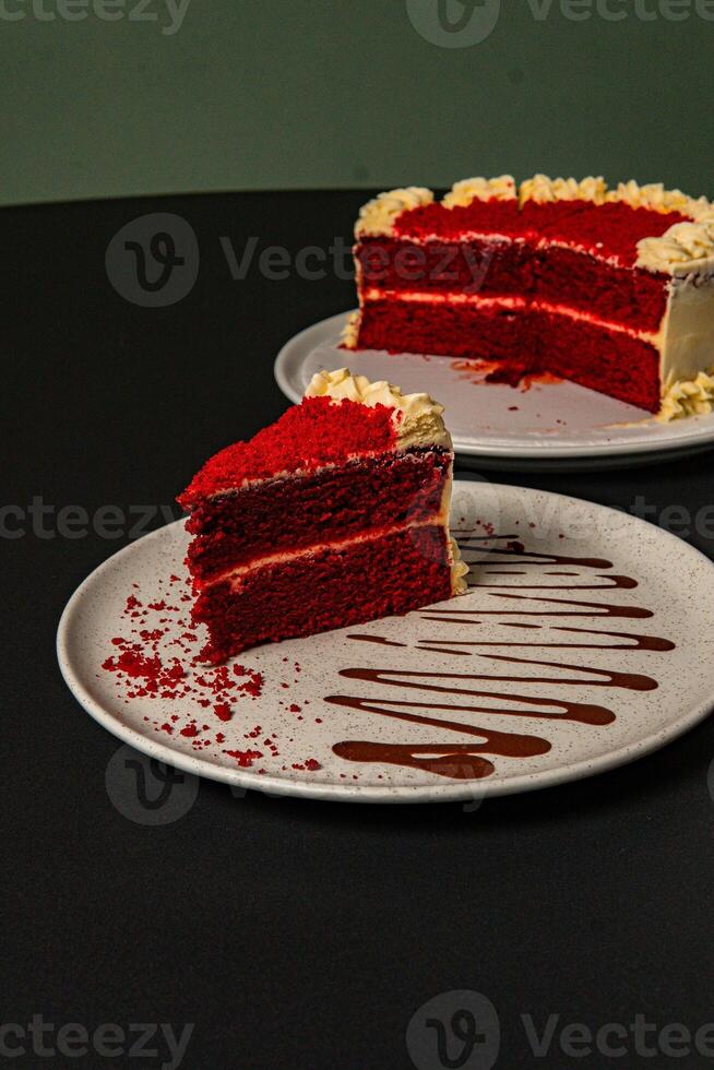 a plate with a piece of cake and chocolate drizzled on it. photo