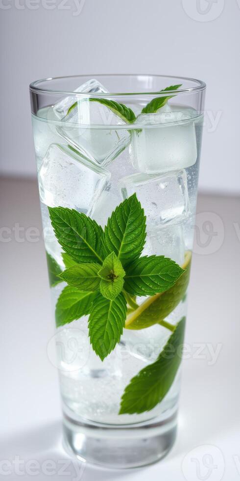 Refreshing mint beverage served with ice in a tall glass on a bright surface photo