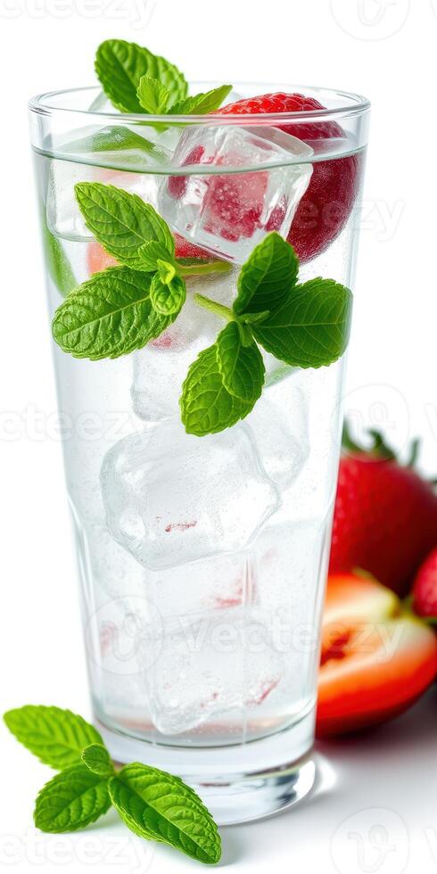 Refreshing mint and strawberry beverage garnished with cooling ice cubes and fresh mint leaves photo