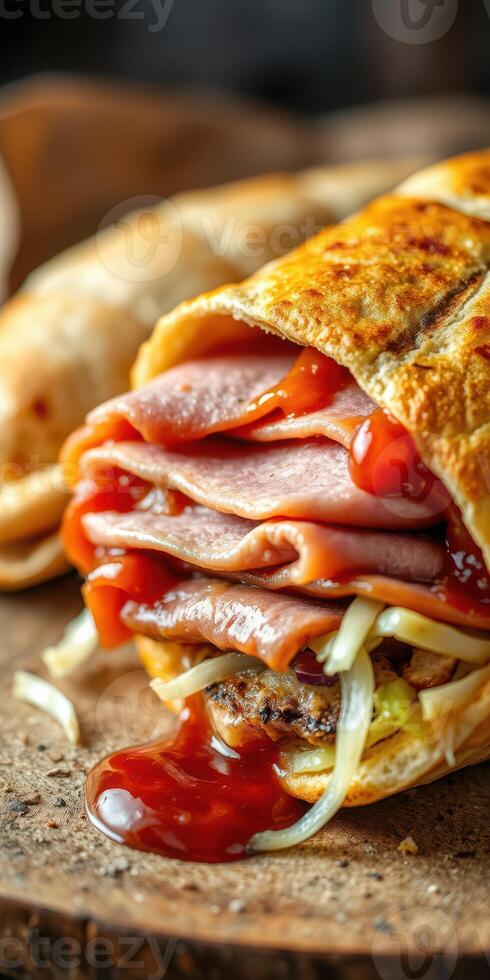 Savory sandwich loaded with layers of meat and drizzled with sauce served on a wooden board photo