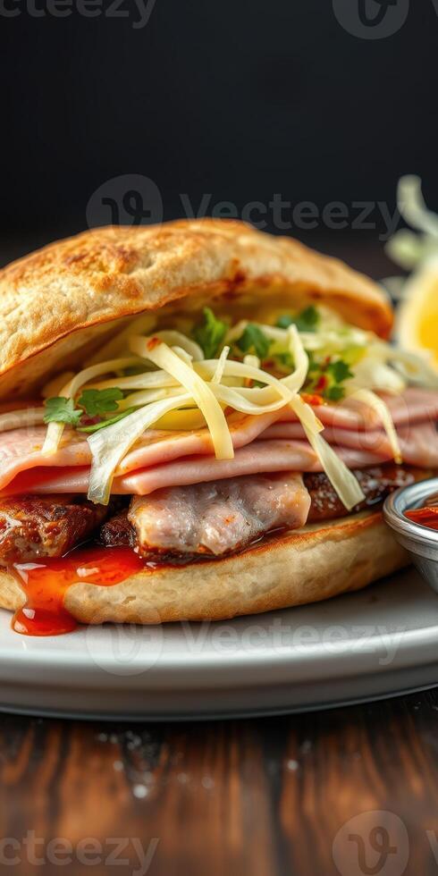 Delicious sandwich filled with sliced meats and fresh vegetables on a wooden table photo
