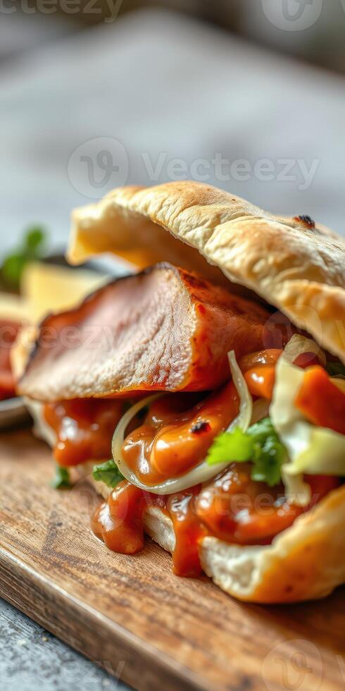 Savory sandwich with tender meat and flavorful sauce on rustic wooden board photo