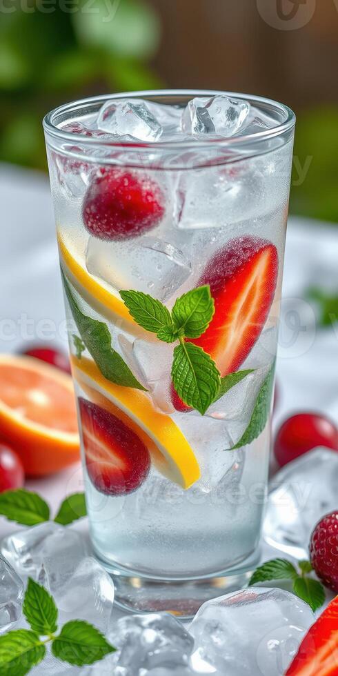 Refreshing summer drink with mint, citrus, and berries served in a tall glass with ice photo