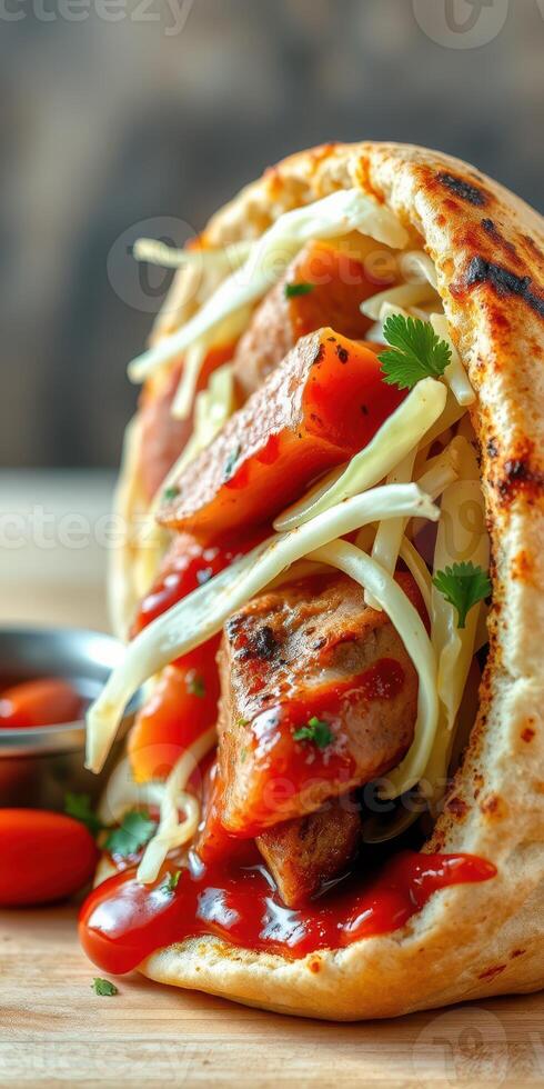 Delicious wrap filled with grilled meat, fresh vegetables, and spicy sauce at a local restaurant during lunchtime photo