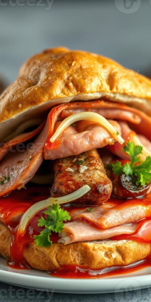 Delicious sandwich with layers of ham, sausage, and cheese topped with ketchup and garnished with fresh herbs photo