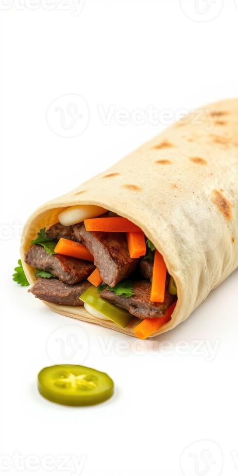 Tasty beef wrap filled with fresh vegetables, cilantro, and jalapenos on a white background photo