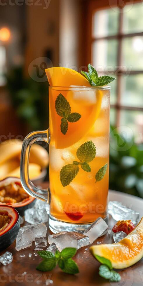 Refreshing beverage with tropical fruits and mint served in a clear glass on a wooden table photo