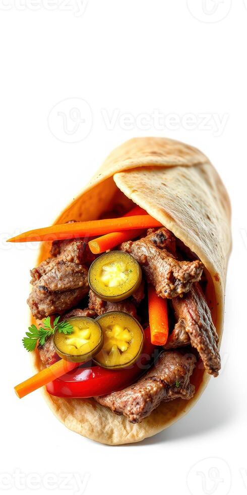 Delicious beef wrap filled with fresh vegetables and jalapenos served on a white background photo