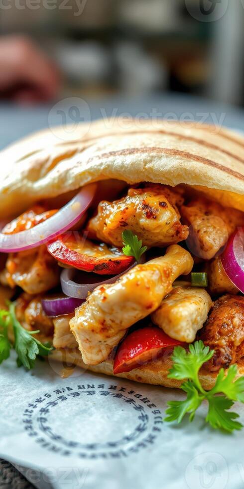 Delicious grilled chicken wrap filled with colorful vegetables, fresh herbs, and savory flavors photo