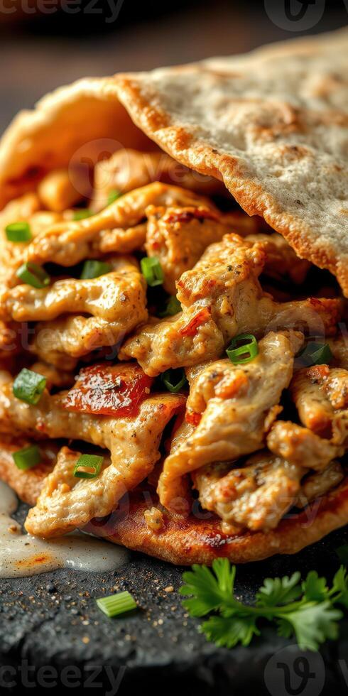 Delicious grilled chicken wrapped in warm flatbread garnished with green onions and herbs photo