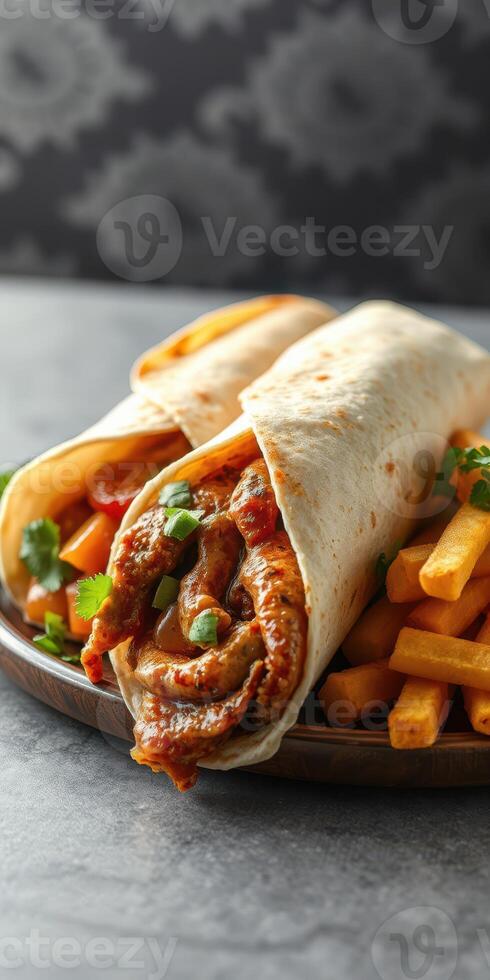 Delicious wraps filled with spiced meat and fresh vegetables served with crispy fries on a plate photo