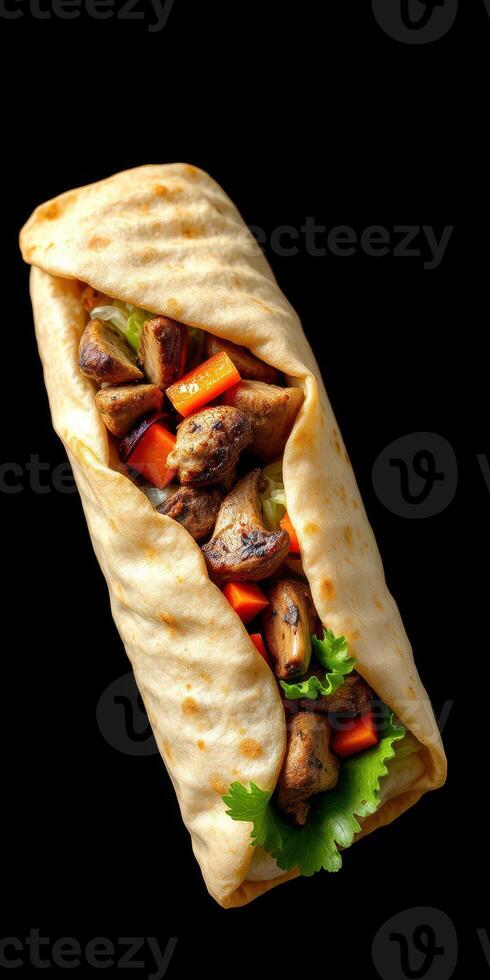 Delicious wrap filled with grilled chicken, fresh vegetables and herbs prepared in a modern kitchen setting photo