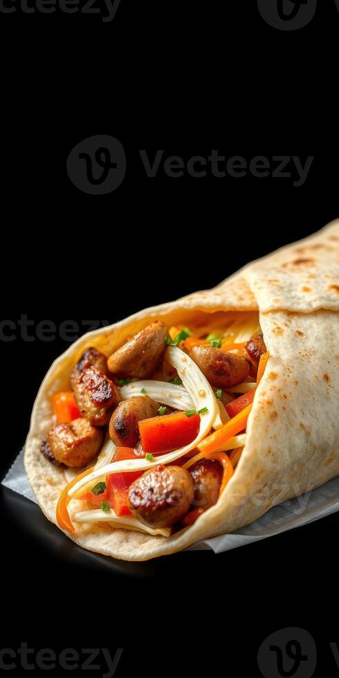 Freshly made wrap filled with grilled vegetables and savory protein served on a black background photo