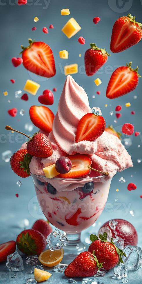 Delicious strawberry and fruit ice cream sundae with vibrant toppings and colorful presentation photo