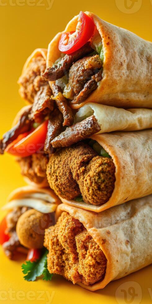 Deliciously stacked wraps filled with savory ingredients on a vibrant yellow background photo
