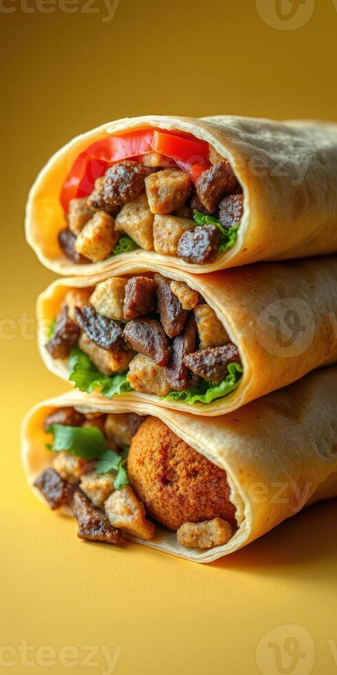 Satisfying wraps filled with grilled meat, fresh vegetables, and flavorful spices arranged attractively on a vibrant background photo