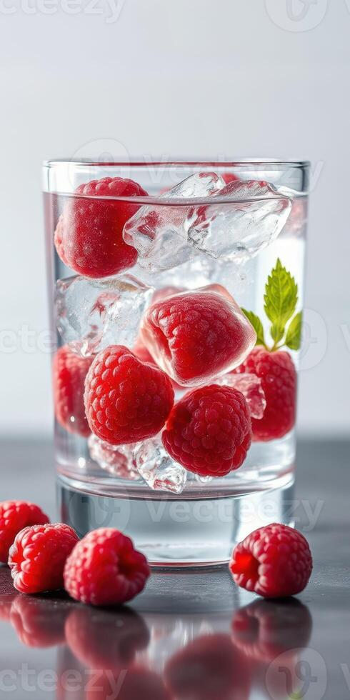 Refreshing raspberry drink with ice and mint leaves set on a dark table photo